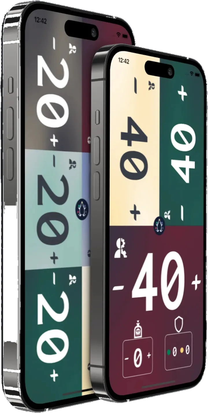 LifeElk life counter on two phones: a four-player game with everyone at 40 life, and a three-player game at 20 life