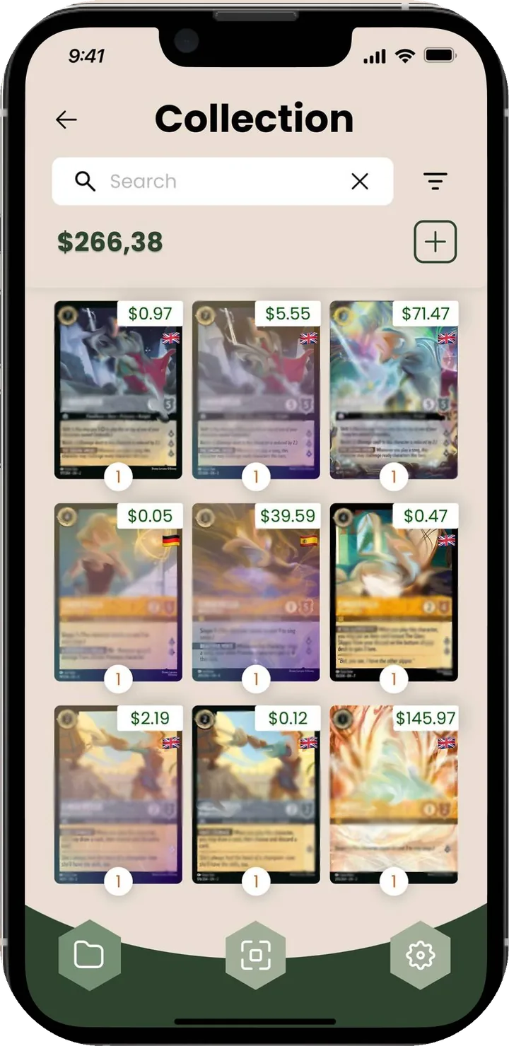 Lorcery on a phone: a Disney Lorcana collection grid with card prices and a total value