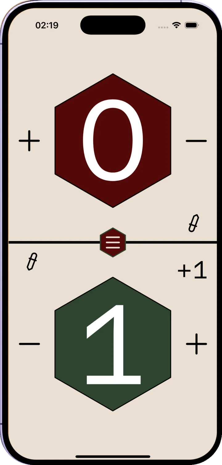 LoreElk lore counter on a phone: two players, red and green hexagons showing 0 and 1 lore